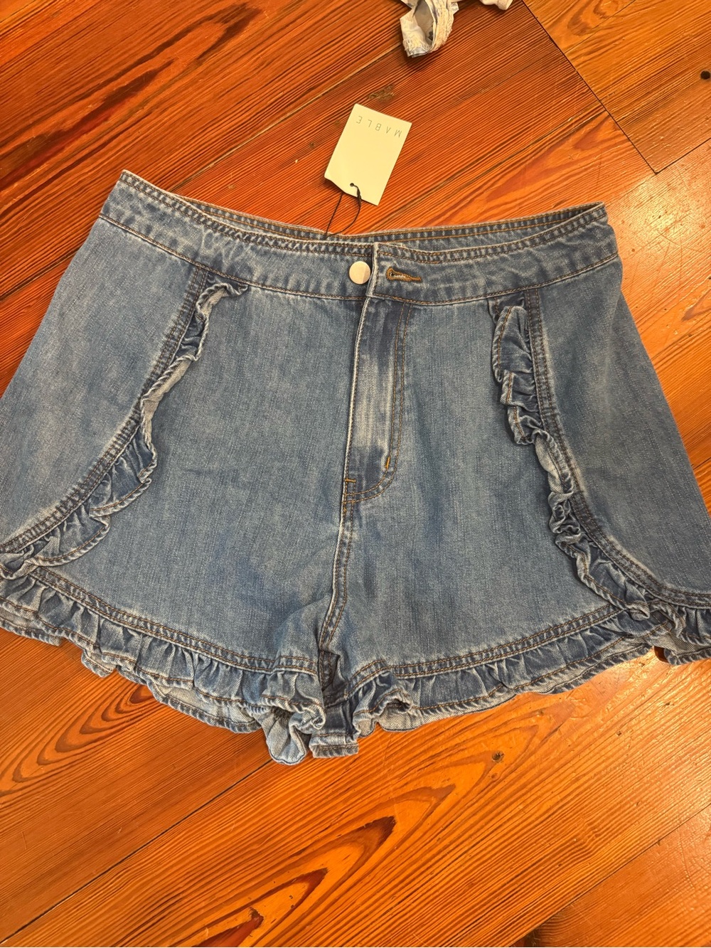 Mable Casual Ruffle-Hem Denim Shorts - Blue